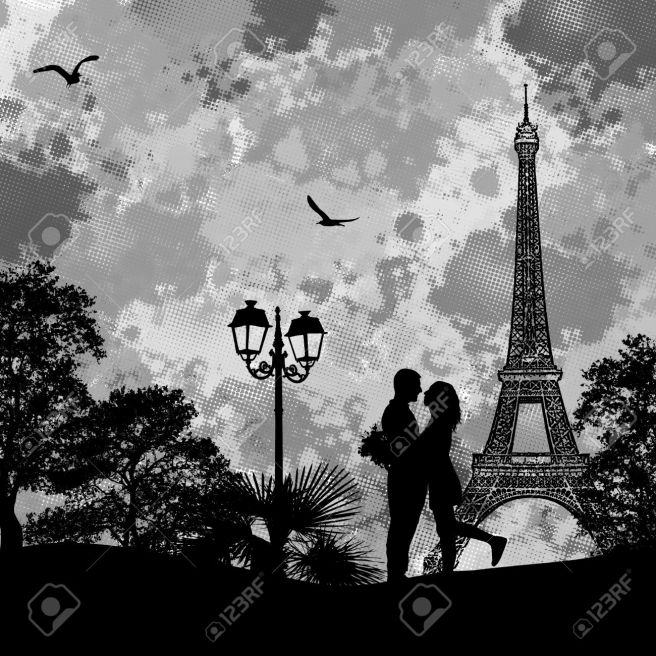 28463040-Vintage-view-of-Paris-on-the-grunge-poster-with-grey-splash-and-couple-in-love-Stock-Photo